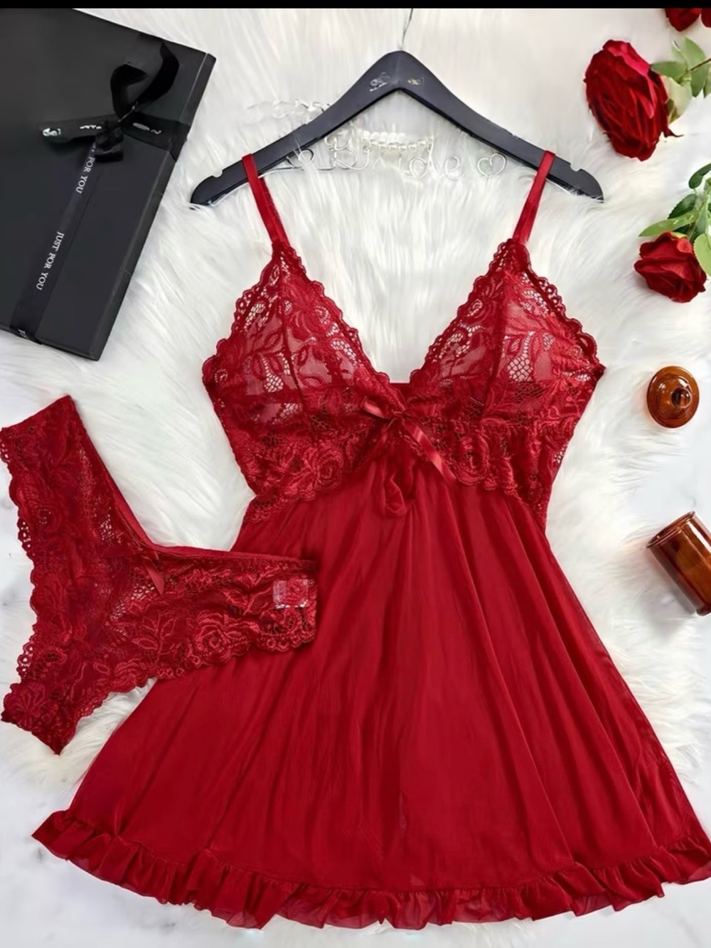 Red Lace Babydoll Chemise with Matching Lace Thong